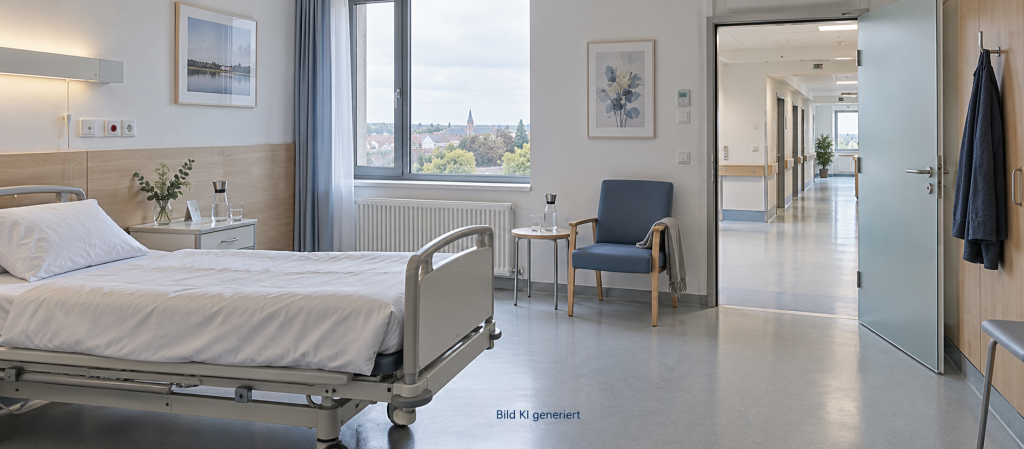Natürlich beleuchtetes Krankenhauszimmer mit einem Bett und Blick in den Klinikflur.