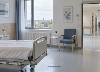 Natürlich beleuchtetes Krankenhauszimmer mit einem Bett und Blick in den Klinikflur.